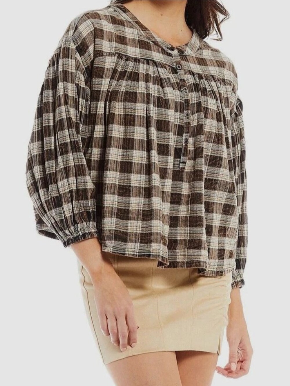 We The Free People Jessi Top Size M Plaid Balloon Sleeve Boho Cottage casual